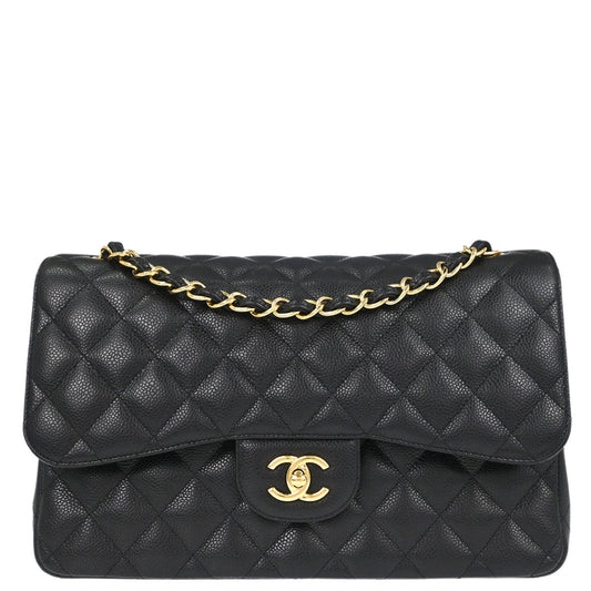 Chanel Black Caviar Skin Jumbo Classic Double Flap Shoulder Bag