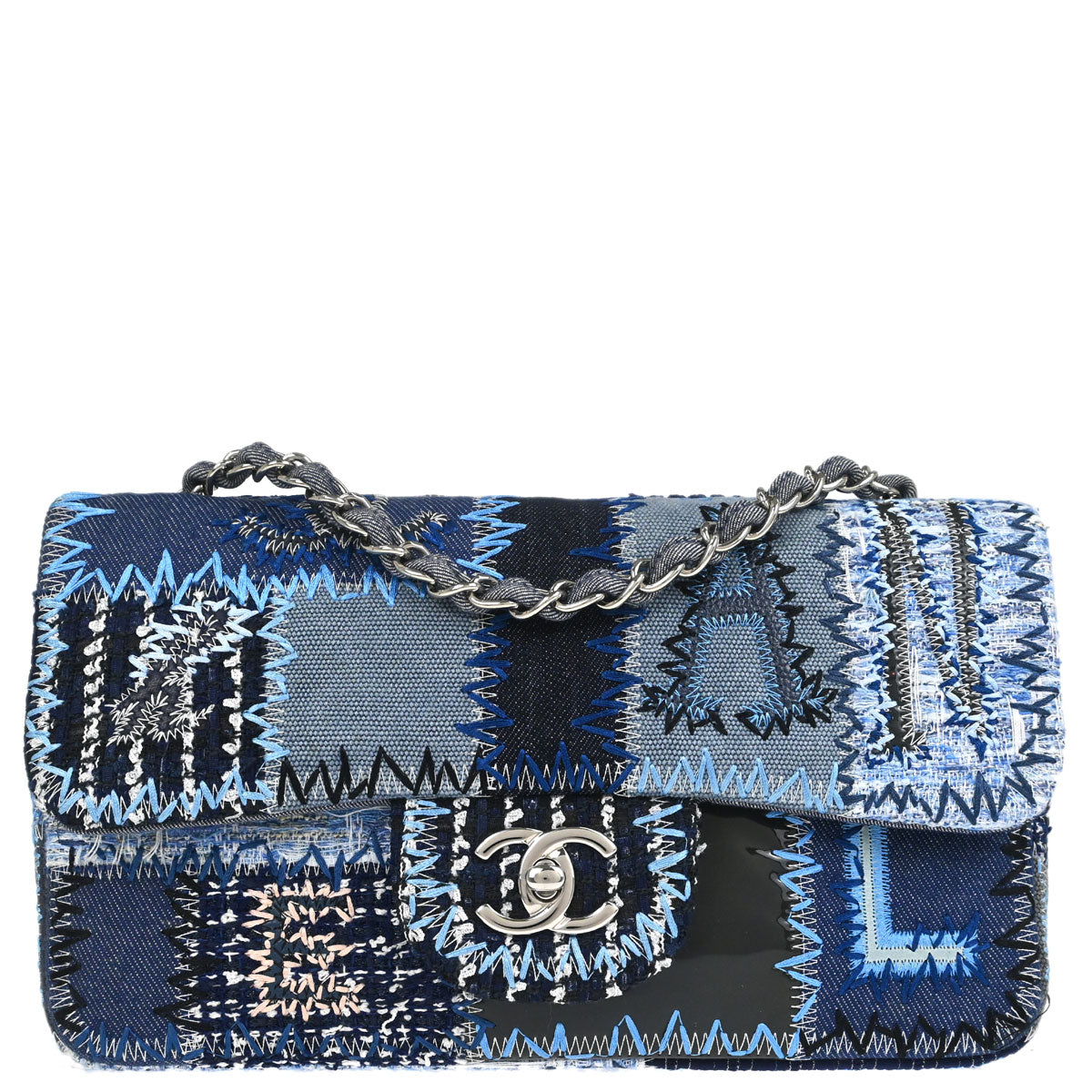 Chanel Blue Tweed Patchwork Single Flap Shoulder Bag