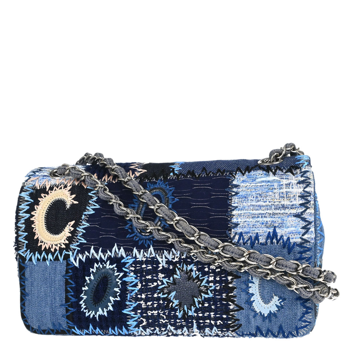 Chanel Blue Tweed Patchwork Single Flap Shoulder Bag