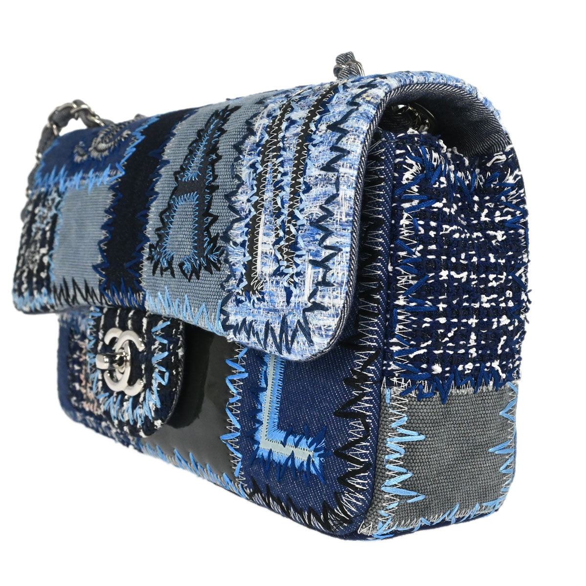 Chanel Blue Tweed Patchwork Single Flap Shoulder Bag
