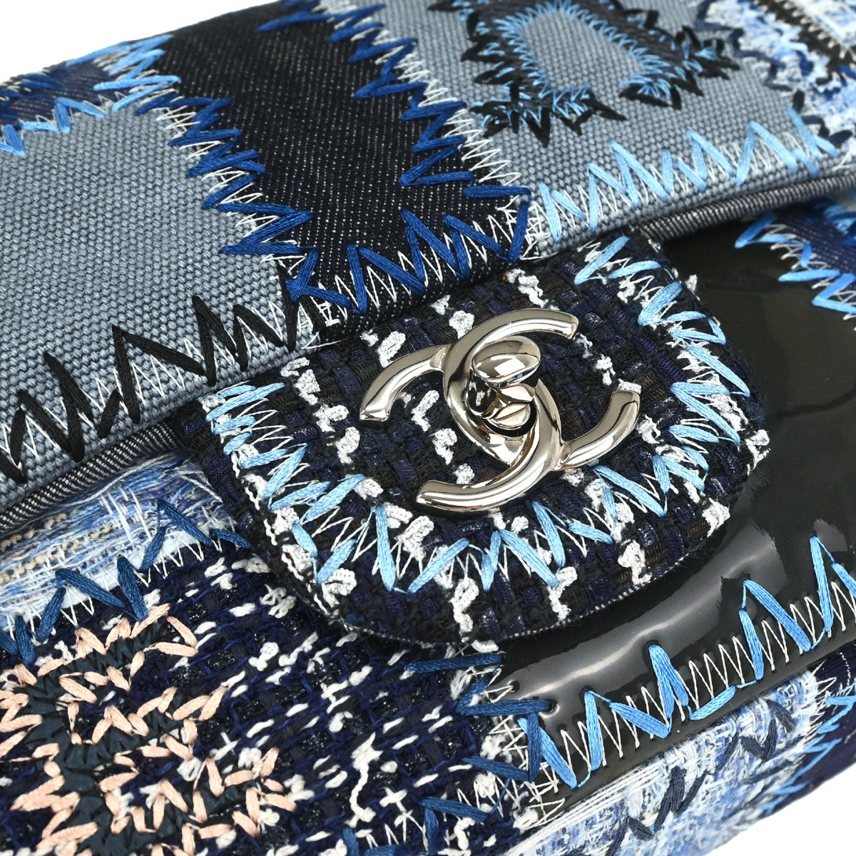 Chanel Blue Tweed Patchwork Single Flap Shoulder Bag
