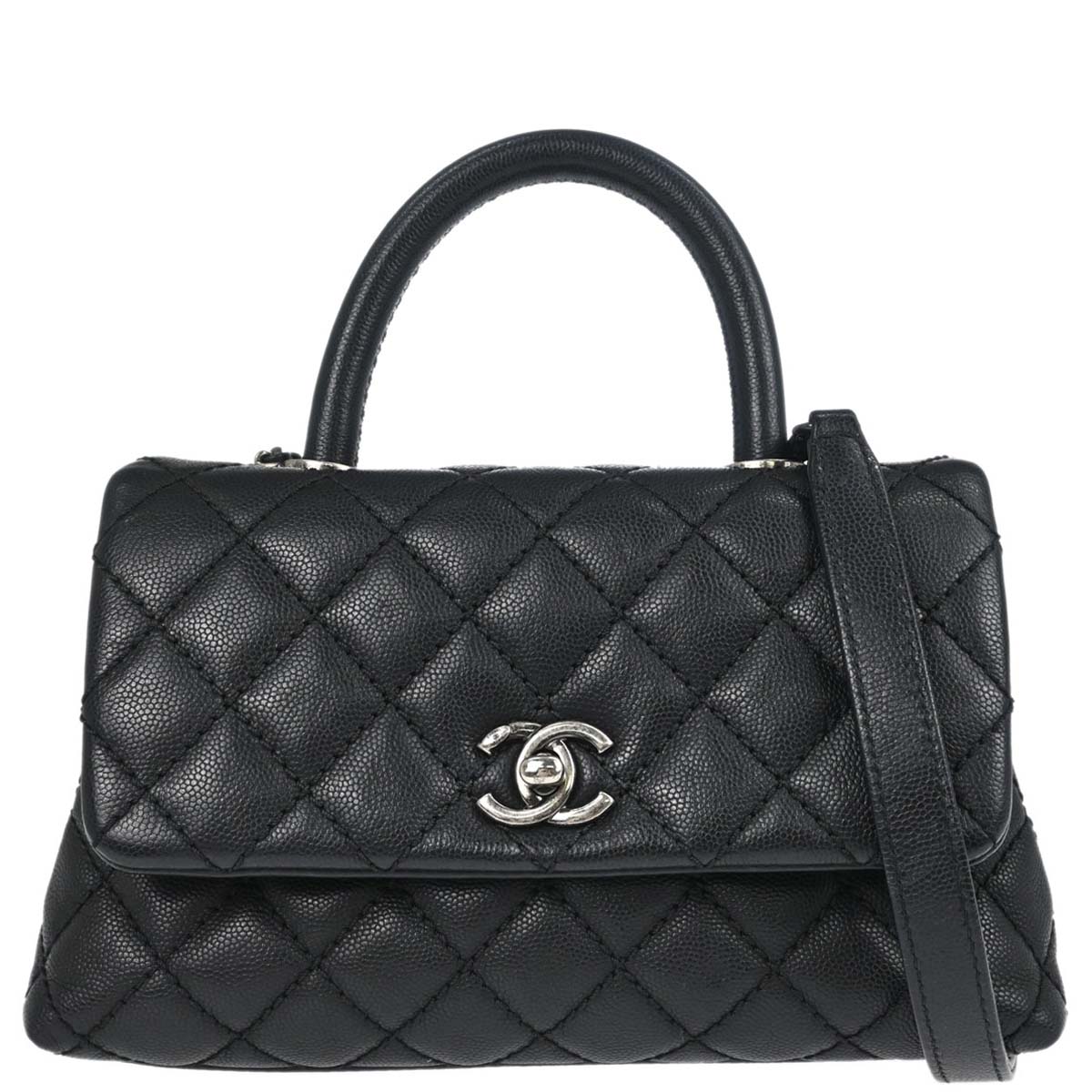 Chanel Black Caviar Skin Coco Handle 2way Shoulder Handbag