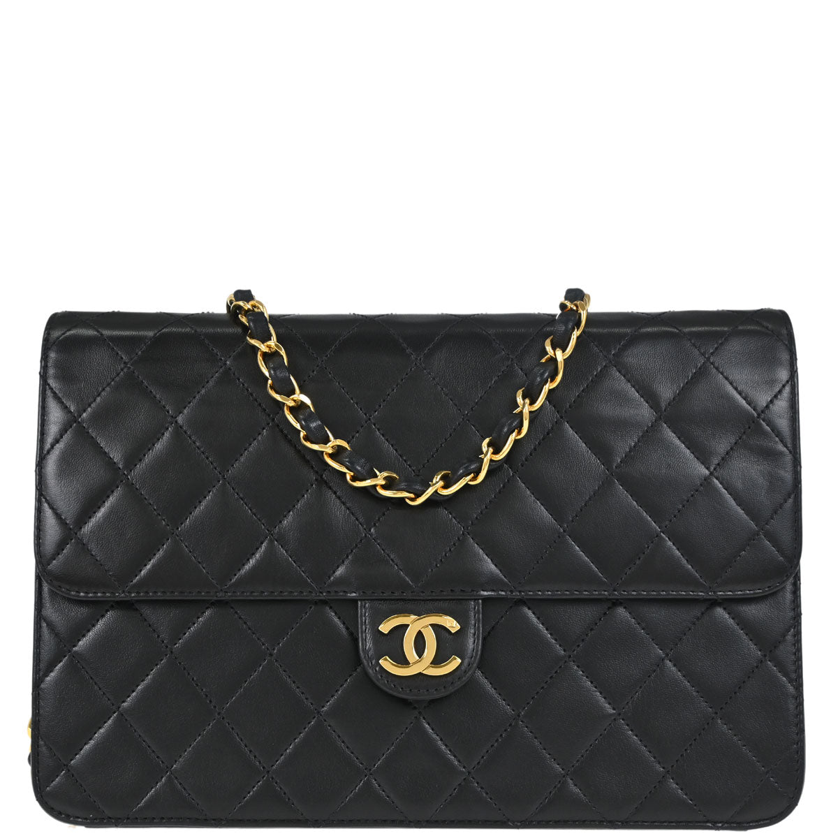 Chanel Black Lambskin Pushlock Medium Half Flap Shoulder Bag