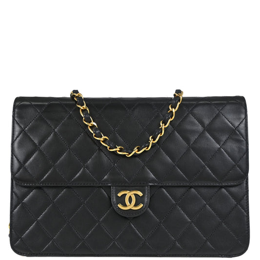 Chanel Black Lambskin Pushlock Medium Half Flap Shoulder Bag