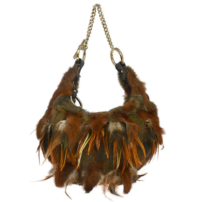 Fendi Brown Feather Rabbit Fur Hobo Handbag