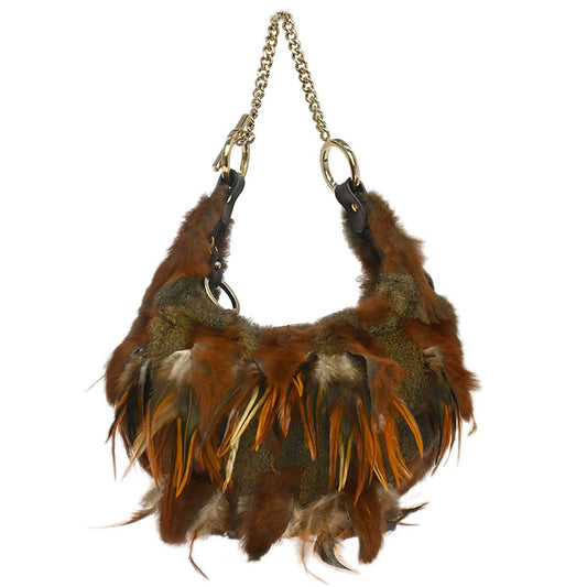 Fendi Brown Feather Rabbit Fur Hobo Handbag