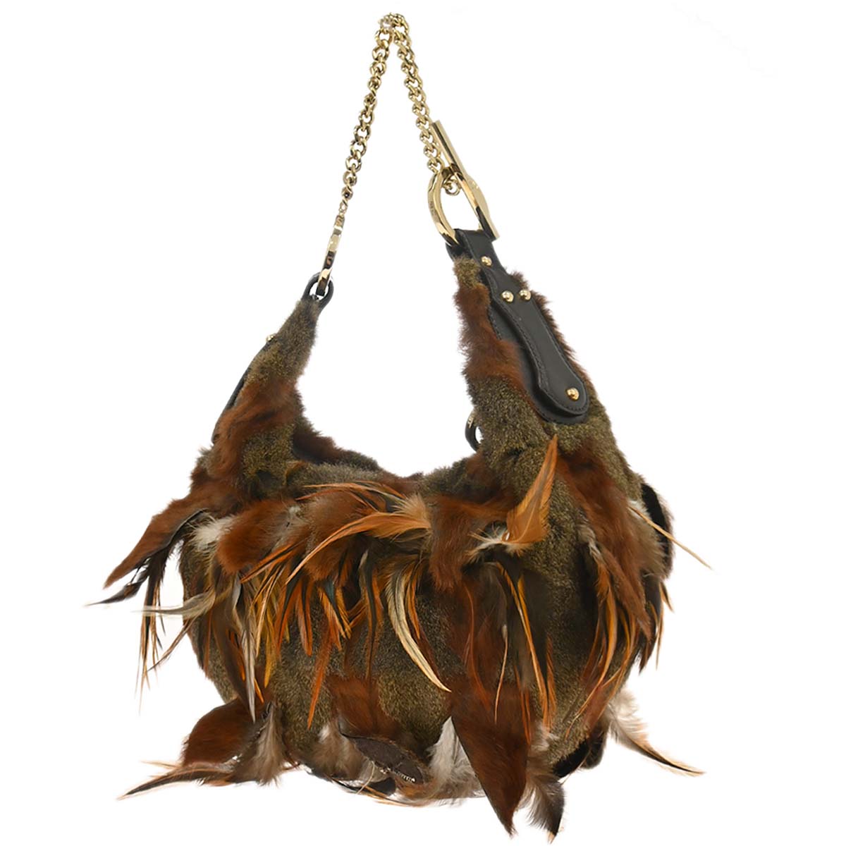 Fendi Brown Feather Rabbit Fur Hobo Handbag