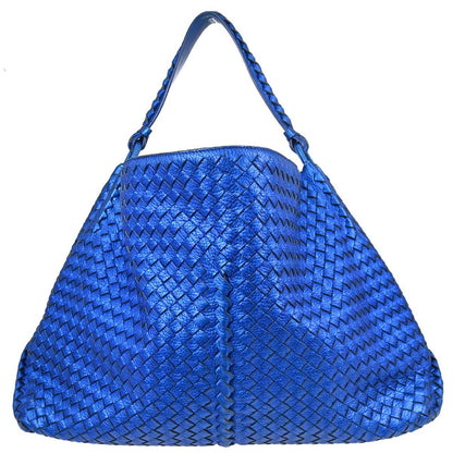Bottega Veneta Metallic Blue Lambskin Intrecciato Hobo Handbag