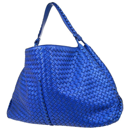 Bottega Veneta Metallic Blue Lambskin Intrecciato Hobo Handbag