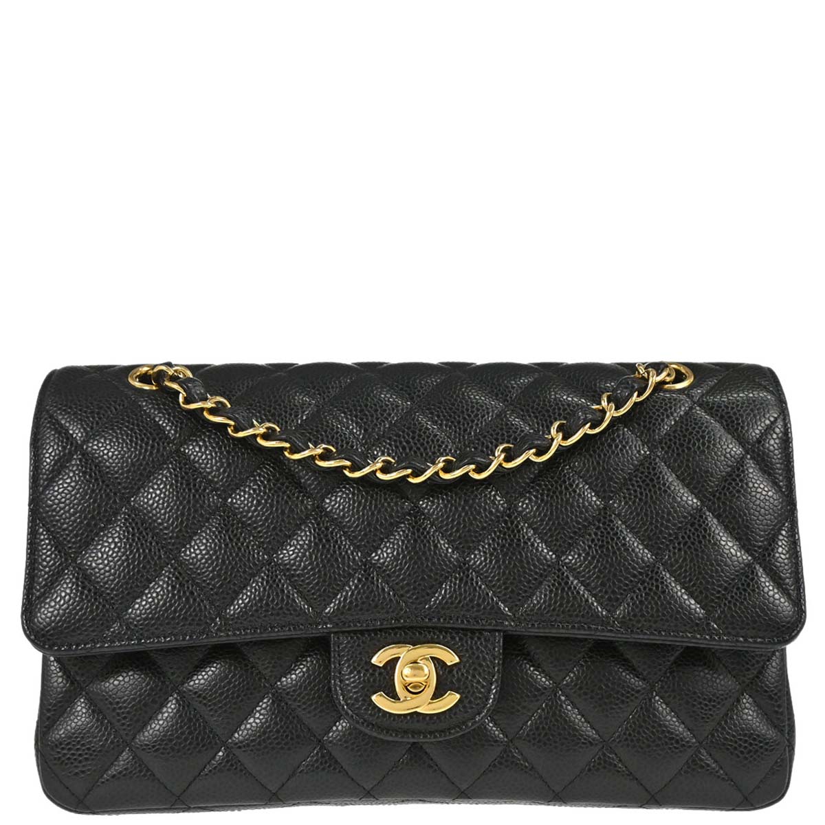 Chanel 2017-2018 Black Caviar Skin Medium Classic Double Flap Shoulder Bag