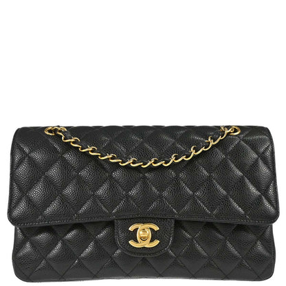 Chanel 2017-2018 Black Caviar Skin Medium Classic Double Flap Shoulder Bag