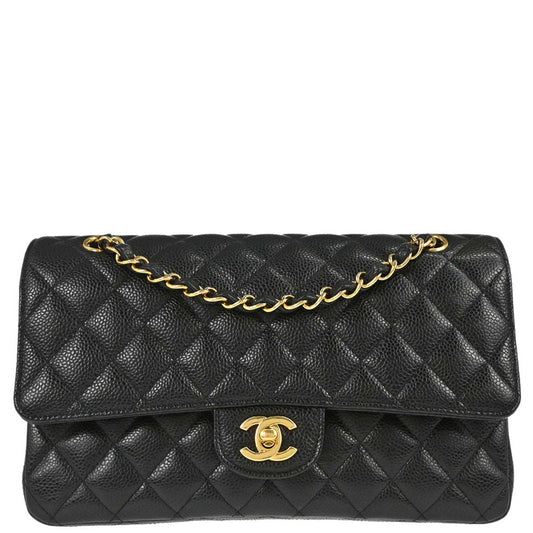 Chanel 2017-2018 Black Caviar Skin Medium Classic Double Flap Shoulder Bag