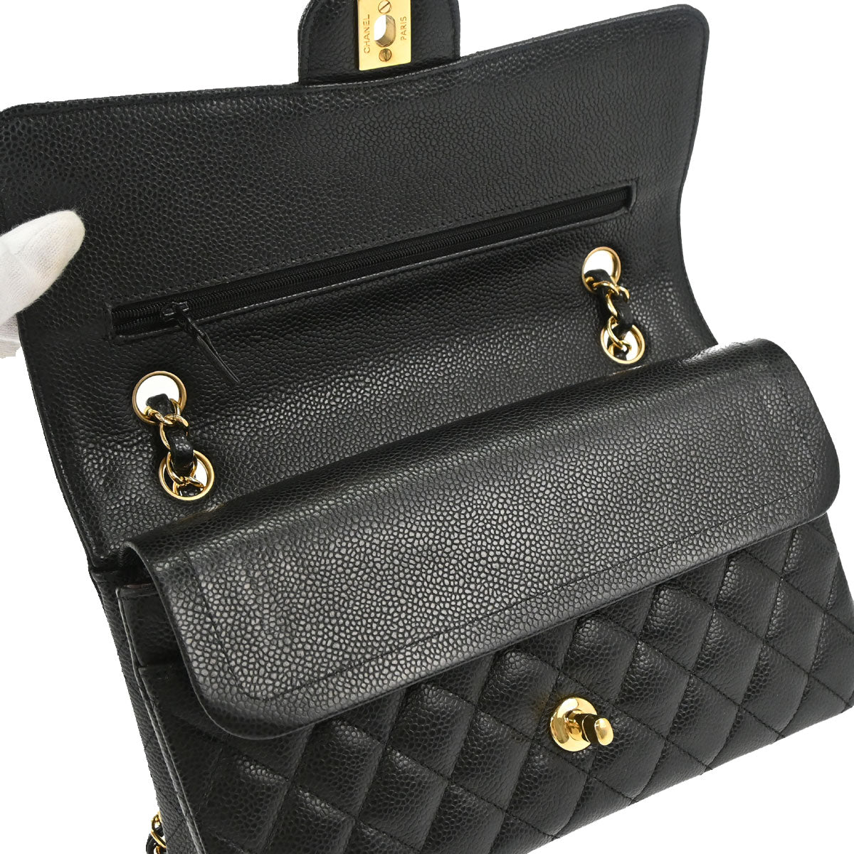 Chanel 2017-2018 Black Caviar Skin Medium Classic Double Flap Shoulder Bag