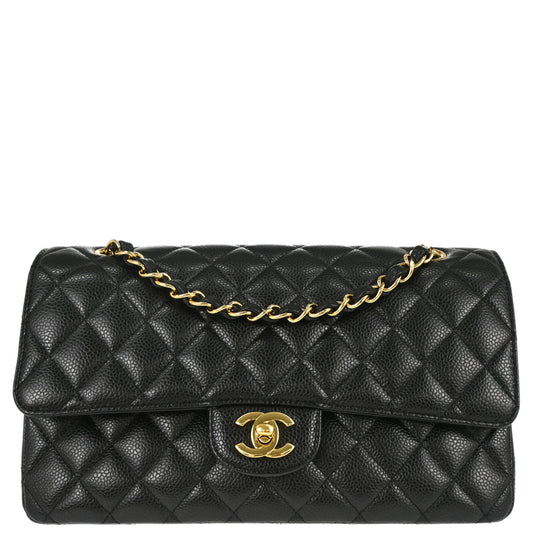 Chanel 2015-2016 Black Caviar Skin Medium Classic Double Flap Shoulder Bag