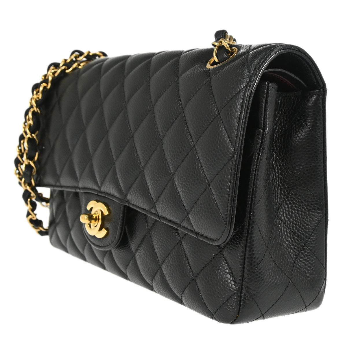 Chanel 2015-2016 Black Caviar Skin Medium Classic Double Flap Shoulder Bag