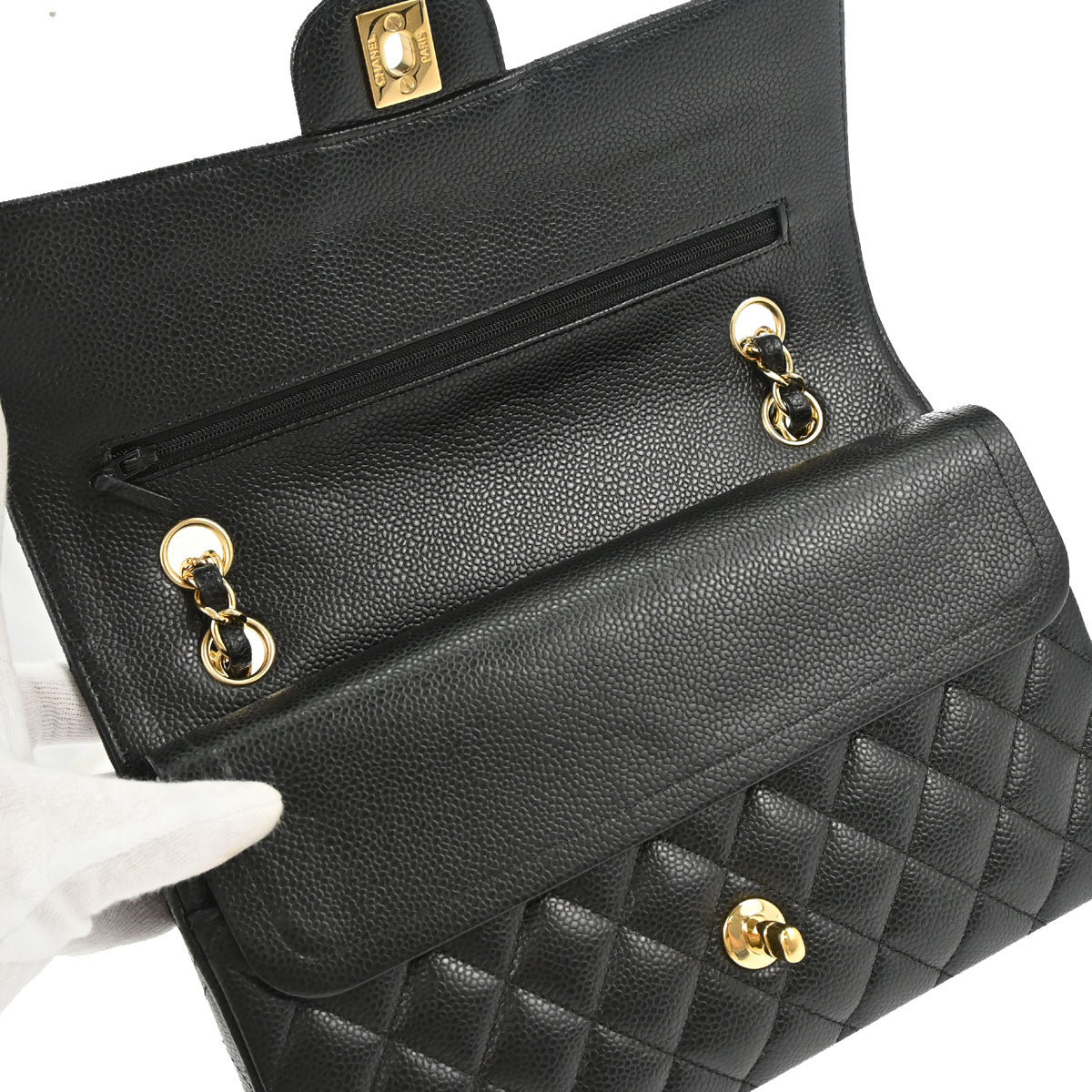 Chanel 2015-2016 Black Caviar Skin Medium Classic Double Flap Shoulder Bag