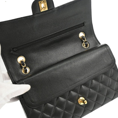 Chanel 2015-2016 Black Caviar Skin Medium Classic Double Flap Shoulder Bag