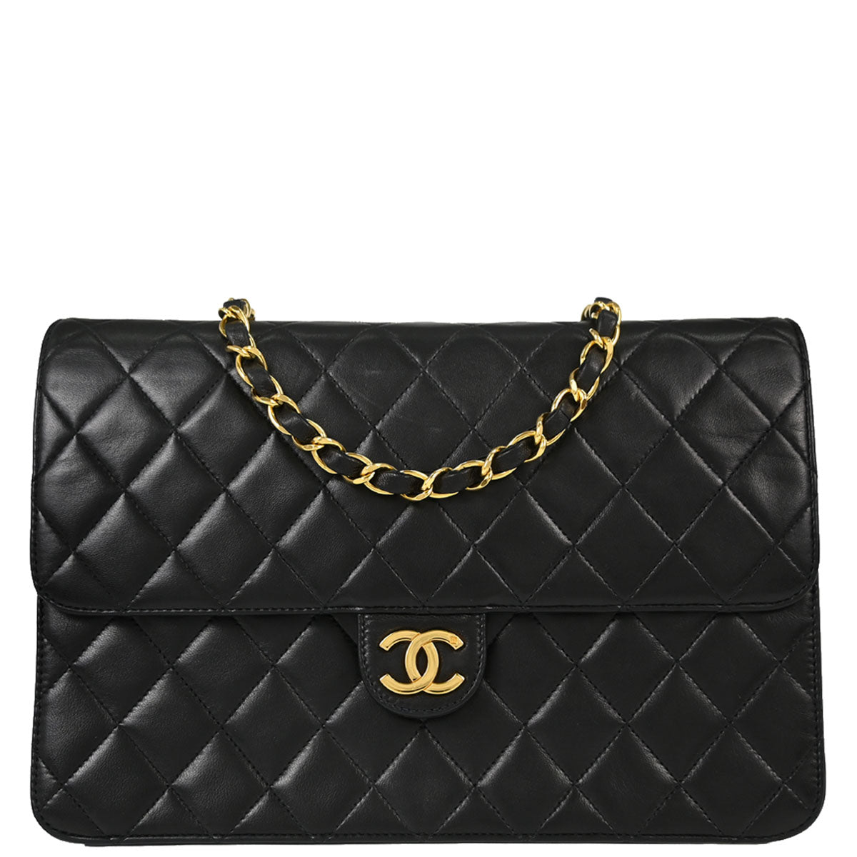 Chanel Black Lambskin Pushlock Medium Half Flap Shoulder Bag