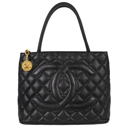 Chanel 2002-2003 Black Caviar Medallion Tote Handbag