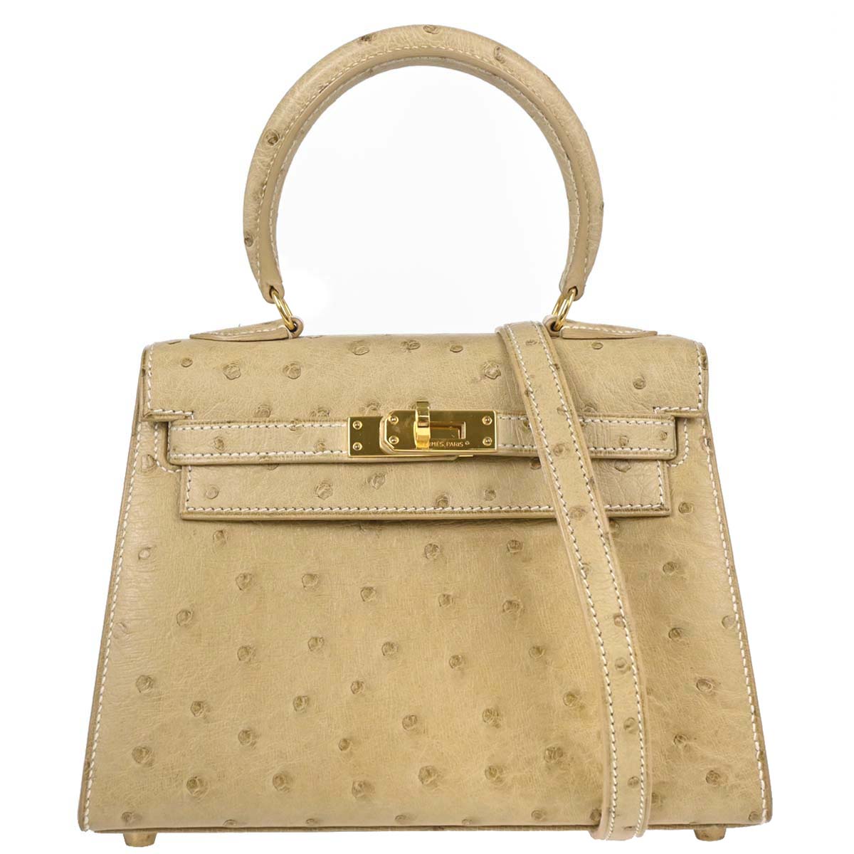 Hermes * Beige Ostrich Mini Kelly 20 Sellier 2way Shoulder Handbag