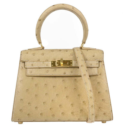 Hermes * Beige Ostrich Mini Kelly 20 Sellier 2way Shoulder Handbag