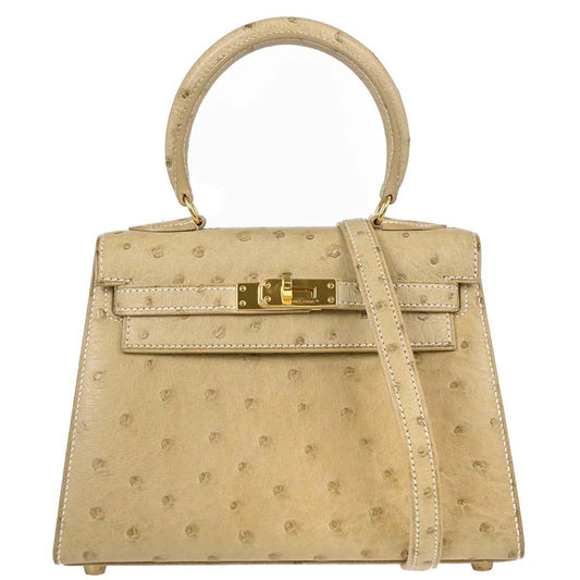 Hermes * Beige Ostrich Mini Kelly 20 Sellier 2way Shoulder Handbag