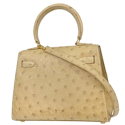 Hermes * Beige Ostrich Mini Kelly 20 Sellier 2way Shoulder Handbag