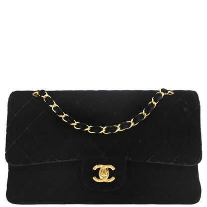 Chanel 1994-1996 Black Velvet Medium Classic Double Flap Shoulder Bag