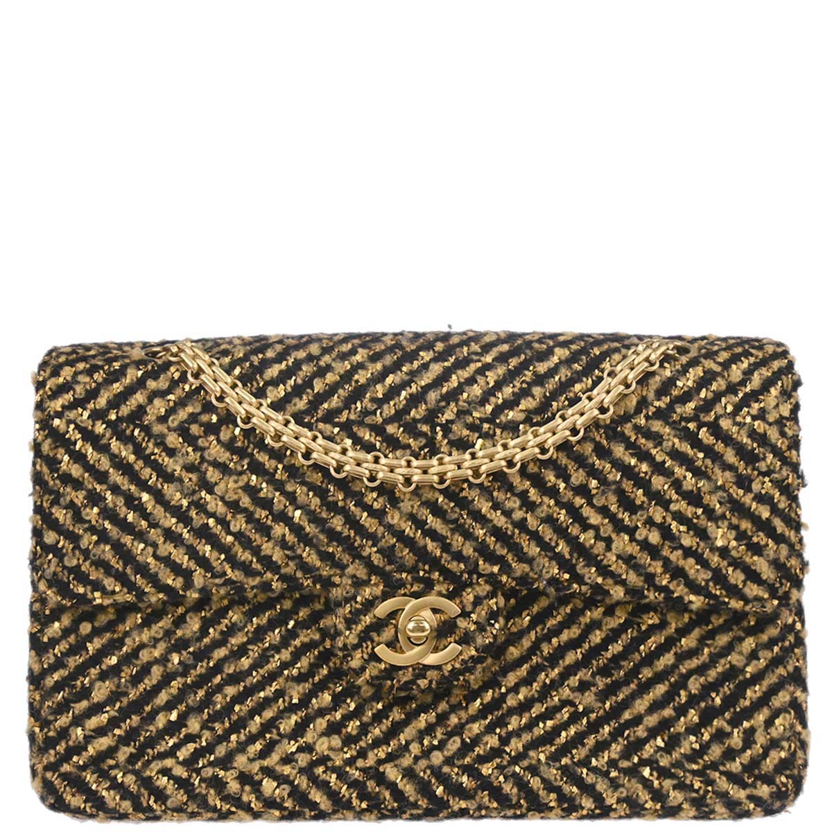 Chanel Black Gold Tweed Single Flap Shoulder Bag