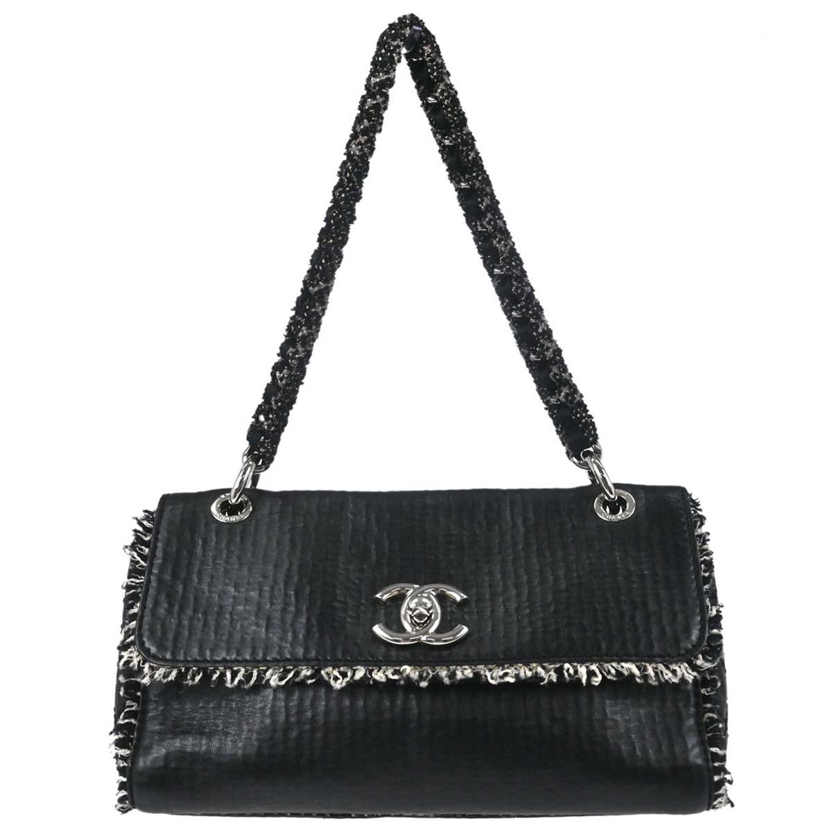 Chanel Black Leather Tweed Handbag