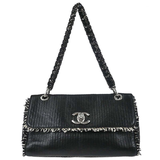 Chanel Black Leather Tweed Handbag