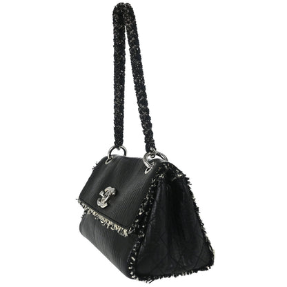 Chanel Black Leather Tweed Handbag