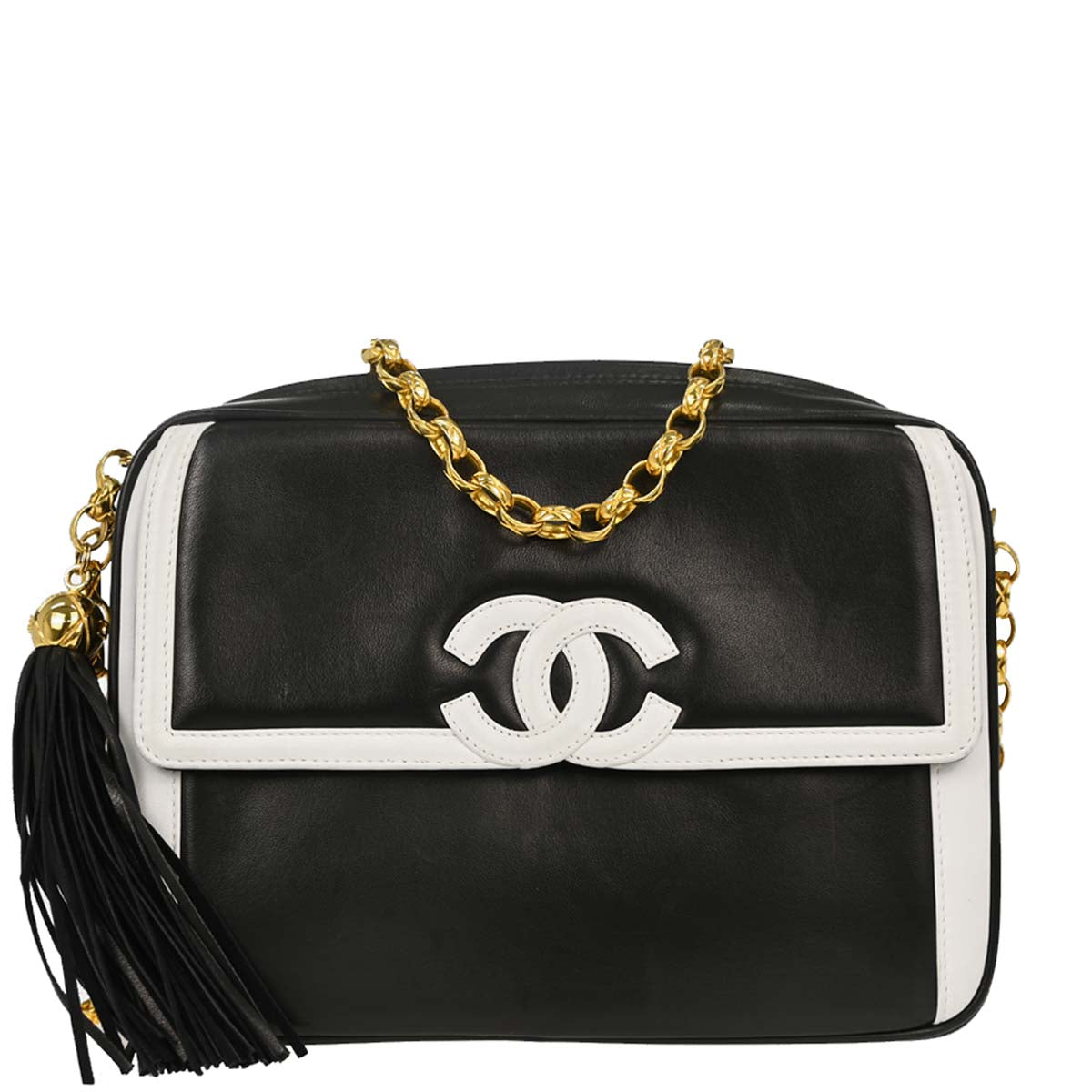 Chanel Black White Lambskin Camera Bag Small