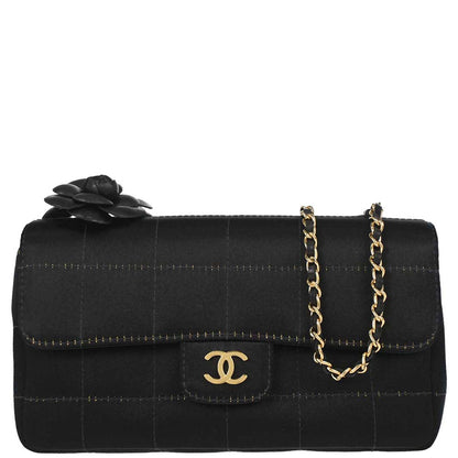 Chanel 2003-2004 Black Satin Camellia Choco Bar Shoulder Bag
