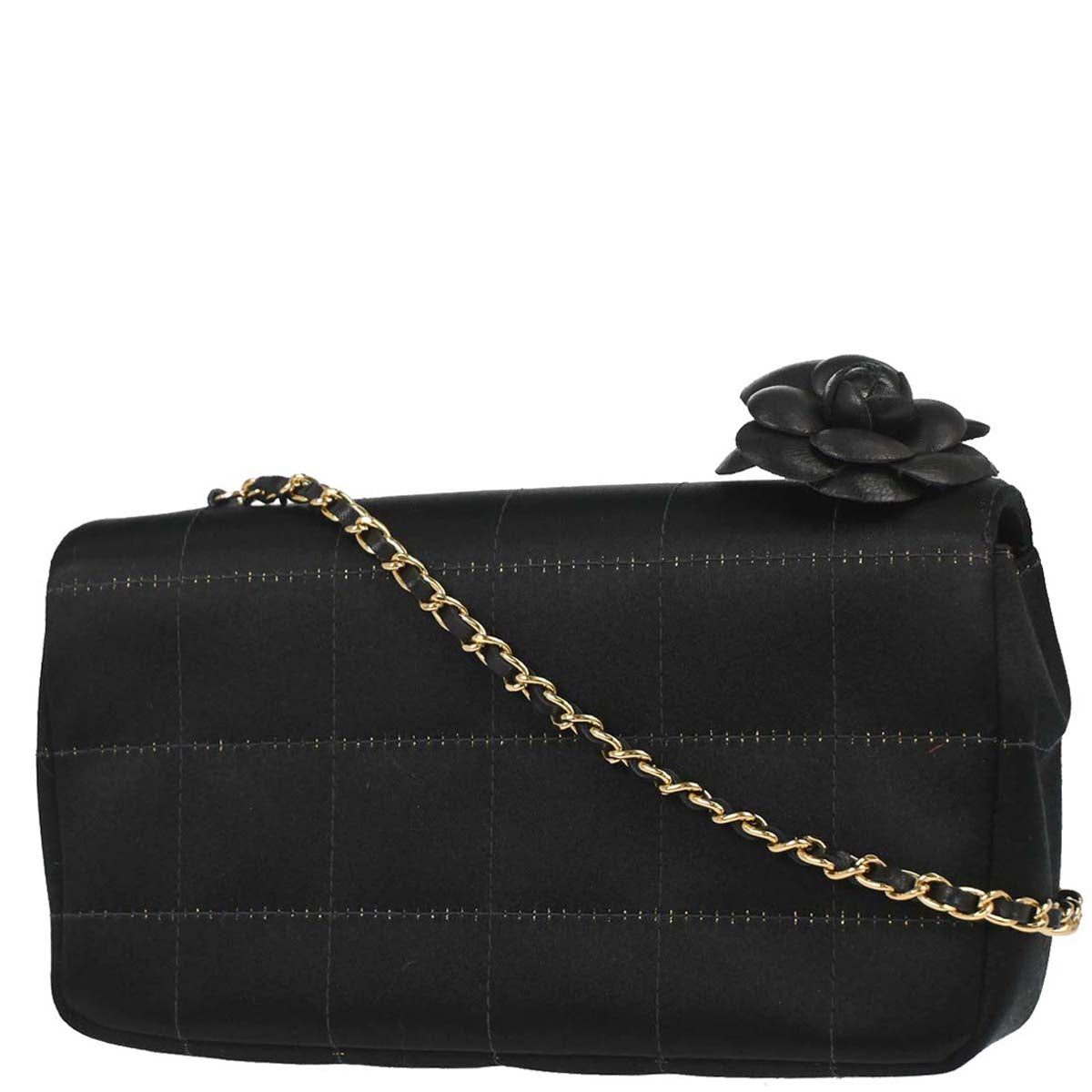 Chanel 2003-2004 Black Satin Camellia Choco Bar Shoulder Bag