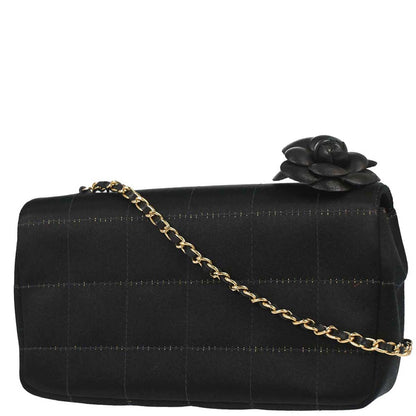 Chanel 2003-2004 Black Satin Camellia Choco Bar Shoulder Bag