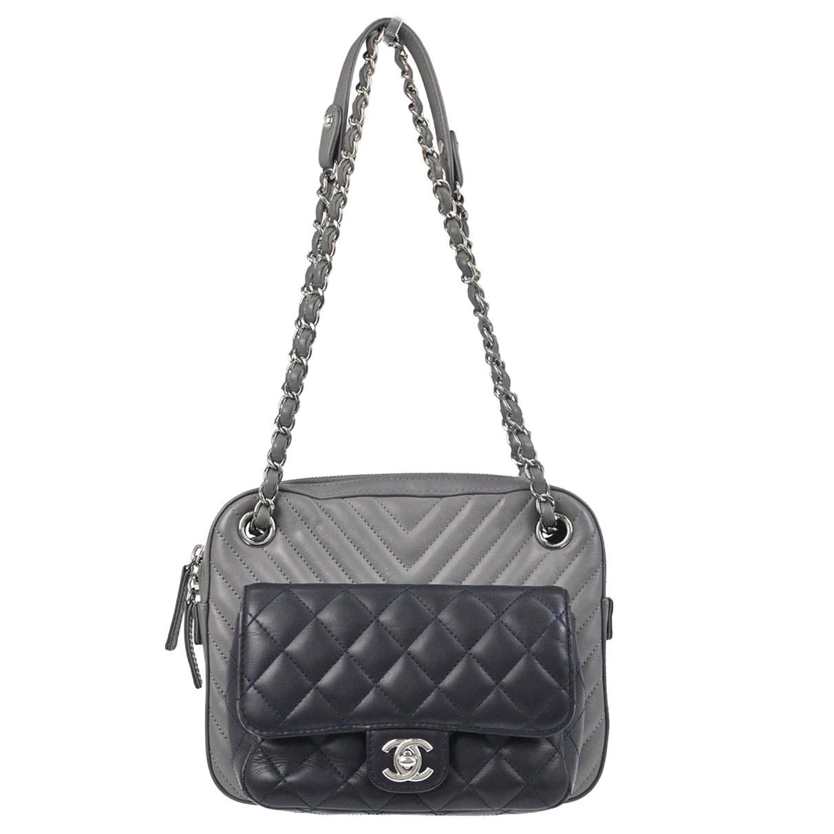 Chanel Navy Gray Lambskin Chevron Paris-Hamburg Double Camera Case Bag