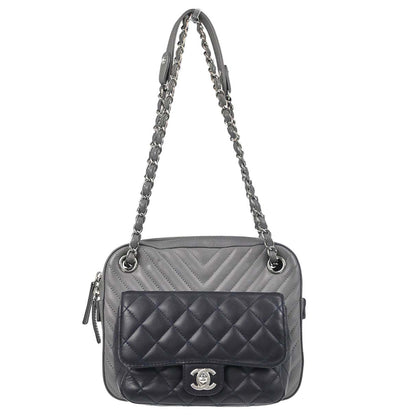 Chanel Navy Gray Lambskin Chevron Paris-Hamburg Double Camera Case Bag