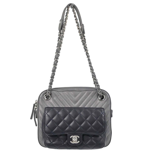Chanel Navy Gray Lambskin Chevron Paris-Hamburg Double Camera Case Bag