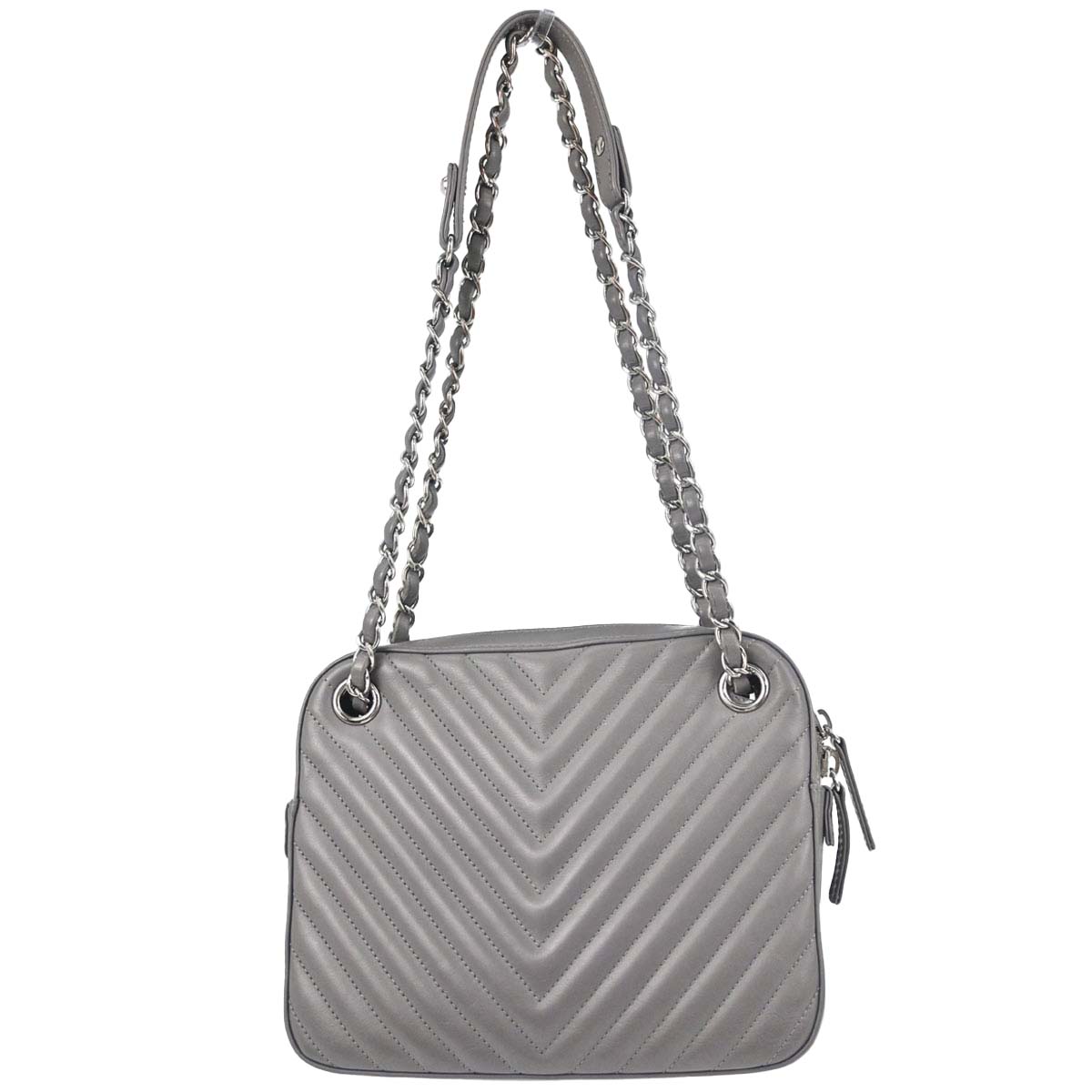 Chanel Navy Gray Lambskin Chevron Paris-Hamburg Double Camera Case Bag