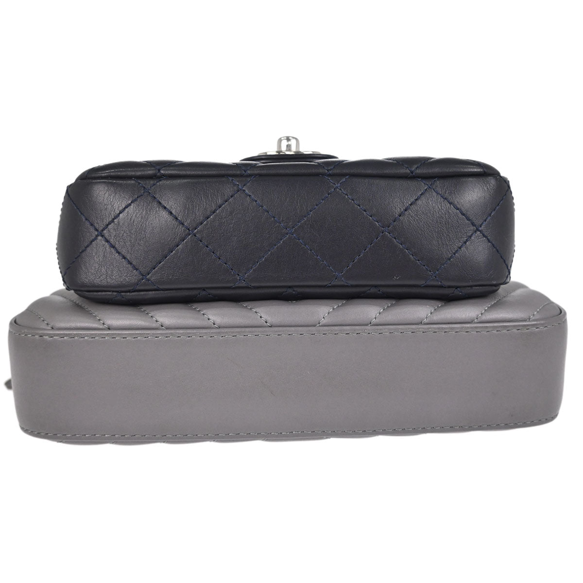 Chanel Navy Gray Lambskin Chevron Paris-Hamburg Double Camera Case Bag
