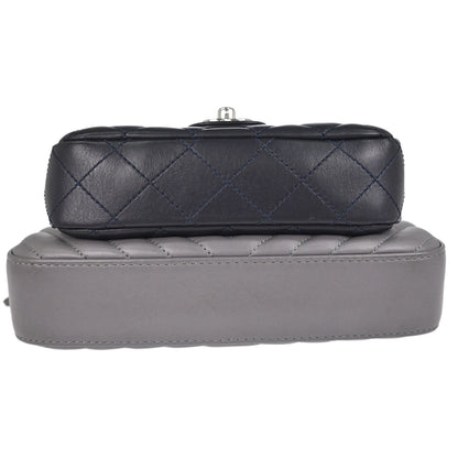 Chanel Navy Gray Lambskin Chevron Paris-Hamburg Double Camera Case Bag