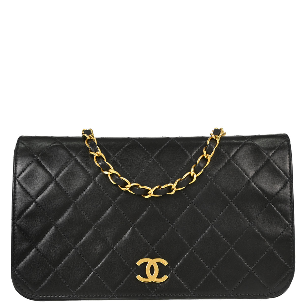 Chanel 1997-1999 Black Lambskin Pushlock Small Full Flap Shoulder Bag
