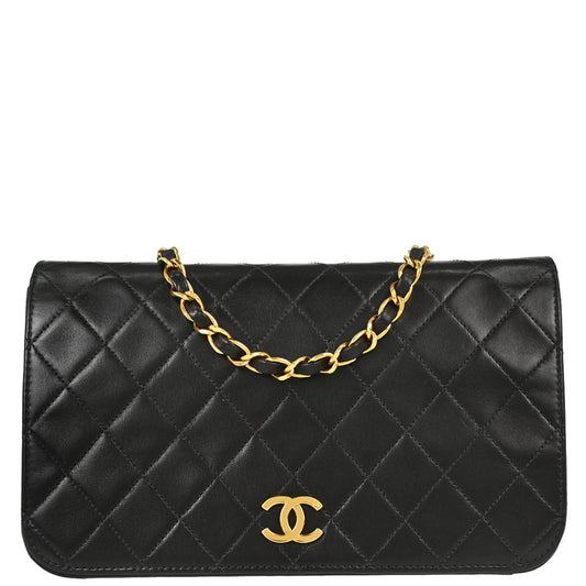 Chanel 1997-1999 Black Lambskin Pushlock Small Full Flap Shoulder Bag