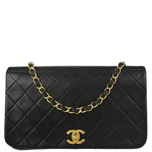 Chanel 1989-1991 Black Lambskin Turnlock Small Full Flap Shoulder Bag