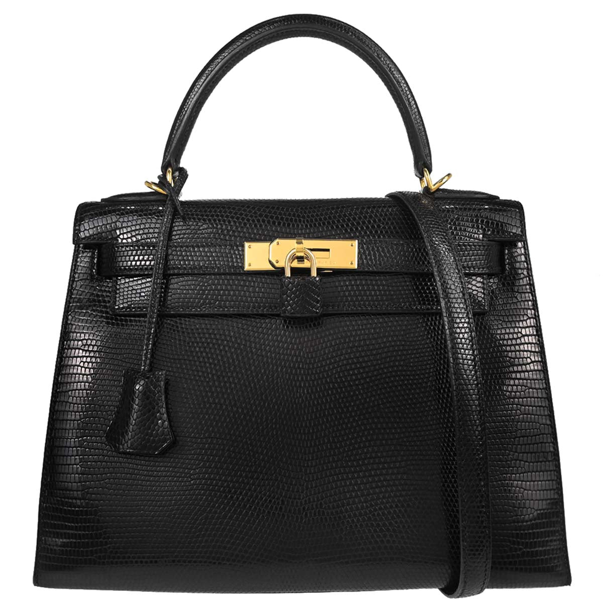 Hermes * Black Lizard Kelly 28 Sellier 2way Shoulder Handbag