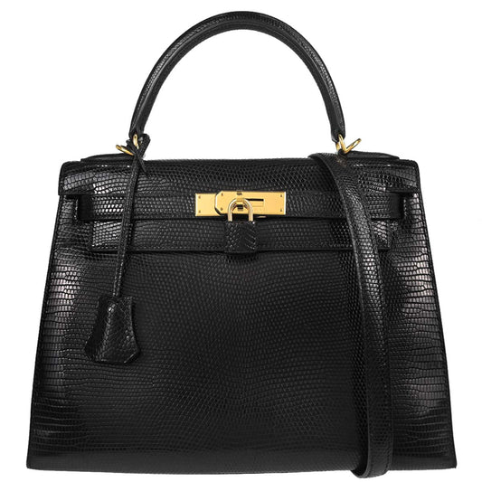 Hermes * Black Lizard Kelly 28 Sellier 2way Shoulder Handbag