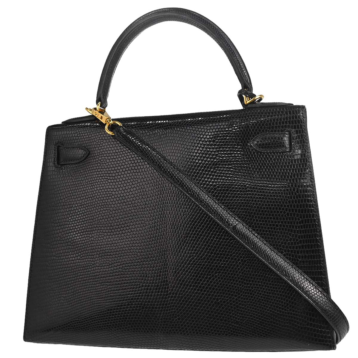 Hermes * Black Lizard Kelly 28 Sellier 2way Shoulder Handbag