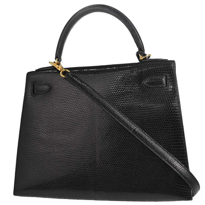 Hermes * Black Lizard Kelly 28 Sellier 2way Shoulder Handbag