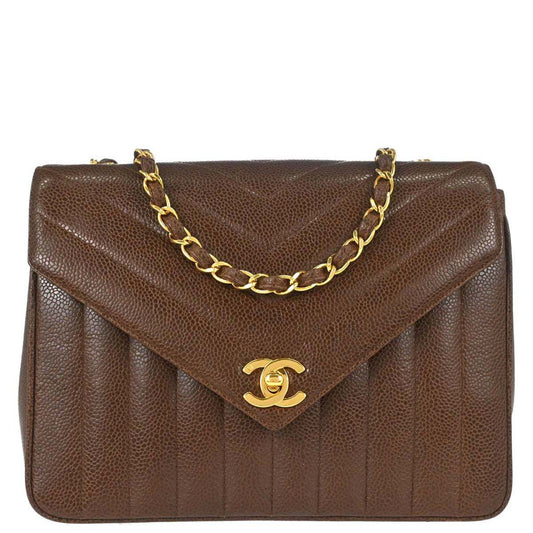 Chanel Brown Caviar Skin Chevron Mademoiselle Shoulder Bag